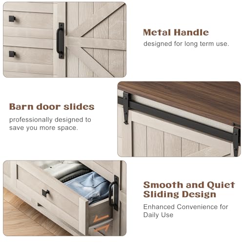 Farmhouse Dresser for Bedroom, 60" Long Dresser with 4 Drawers & Sliding Barn Door, Wide Wood Dresser, Tall TV Stand for Living Room, Buffet Cabinet with Storage Chest, White