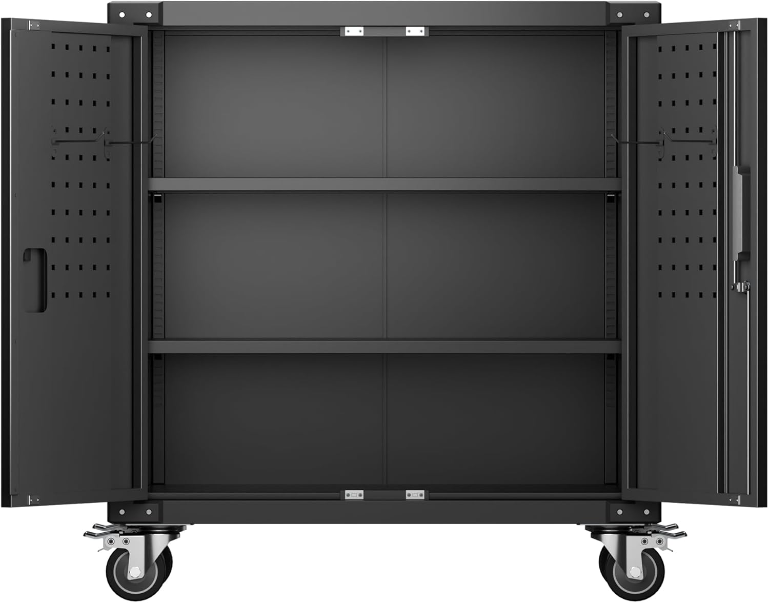 Aobabo Metal Garage Storage Cabinet with Wheels,Steel Storage Cabinet with Pegboard and 4 Hooks for Garage,Home Storage,Assembly Required (Black)