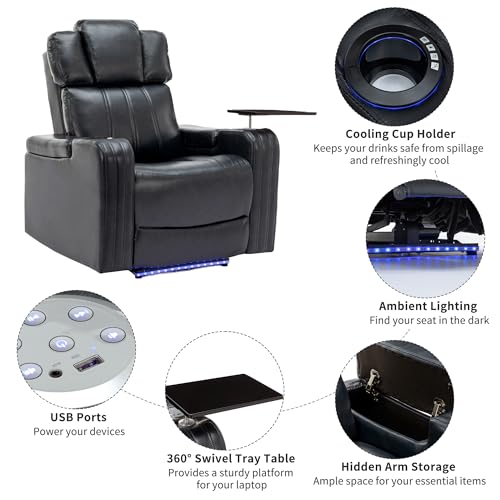 Merax Power Recliner Chairs for Living Room, with Cooling Cup Holder Bluetooth Speaker LED Lights USB Ports Tray Table Storage, Dark Blue