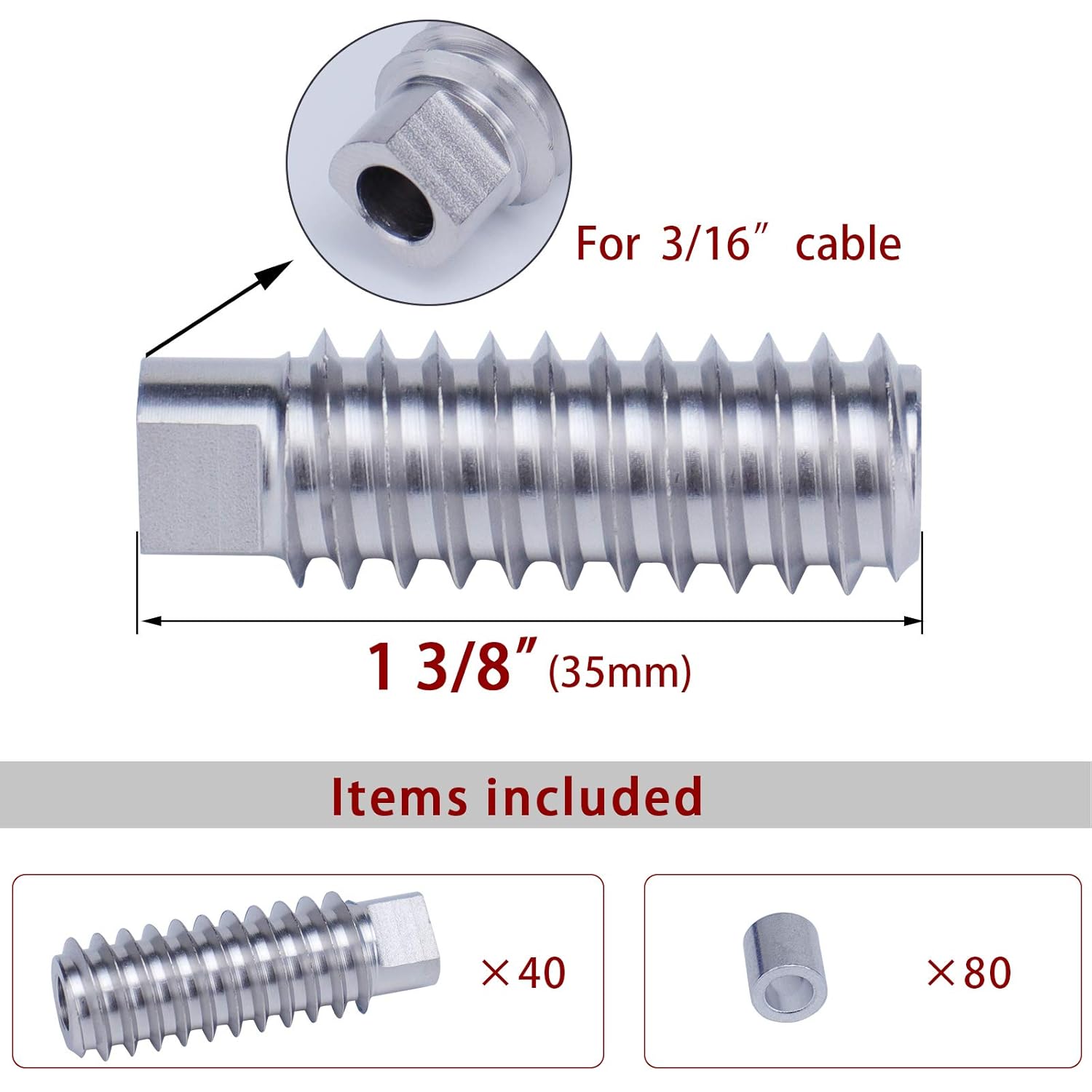 Muzata 40Pack 3/16" Invisible Cable Railing Kit Swage Lag Screw Tensioner CableGenie System Completely Hidden for Wire Rope Wood Posts T316 Stainless Steel 20 Cable Line CR99, CV1 CG1