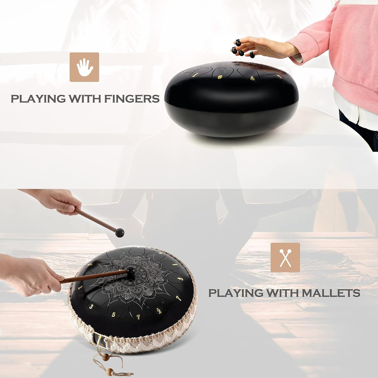 Lexington Steel Tongue Drum Kit C Major with Lotus Pattern, 13 Notes 12 Inches Percussion Instrument, Hand Pan Drums with Music Book, Drum Mallets and Carry Bag, Black