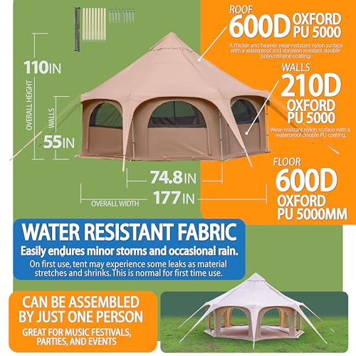 Glamping Canvas Tent - 16x9ft Tent with Stove Jack, Canopy Vents