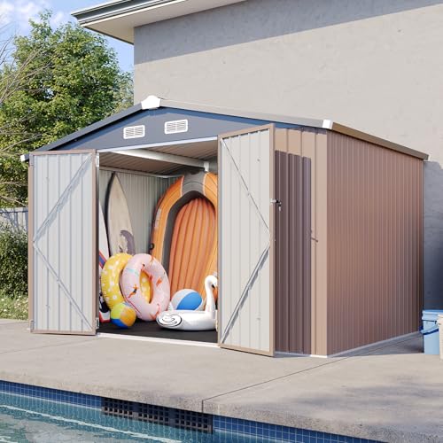 8'x4' Shed Galvanized Steel Storage Sheds with Triple Doors Weatherproof Outdoor Utility Sheds, Dual Lock Lean to Shed with Sloped Roof for Mower, Bike, Generator, Garden Tools (Black)