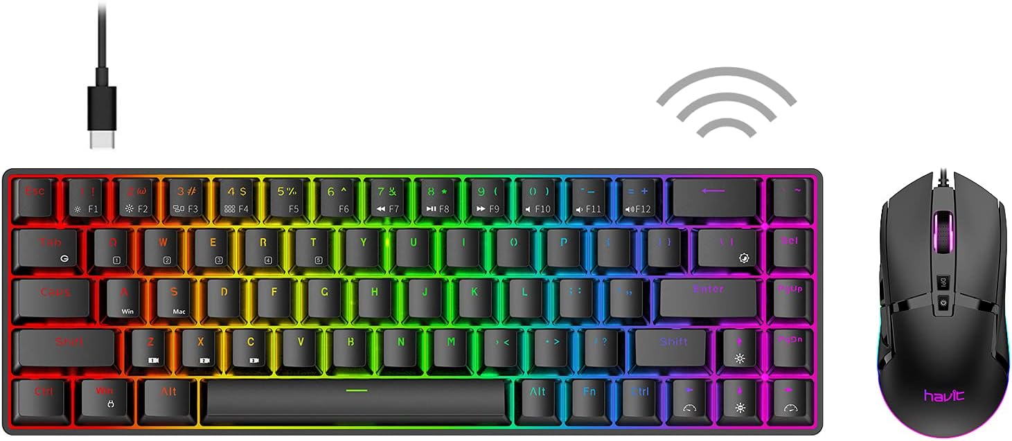 Havit 60% Wireless Mechanical Keyboard and Wired Mouse, Bluetooth 5.1 & Type C Wired 68 Keys Gaming Keyboard Brown Switch,Programmable Gaming Mouse for Multi-Device PC Laptop Gamer (Black)