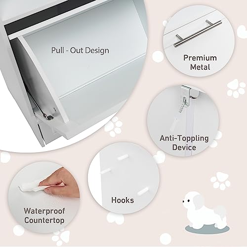 Dog Feeding Station Dog Food Storage Cabinet with 2 Raised Dog Bowls, Dog Food Storage Container, Pull Out Elevated Dog Bowls for Water and Feeding Supplies, Pet Toy Storage Organizer,White