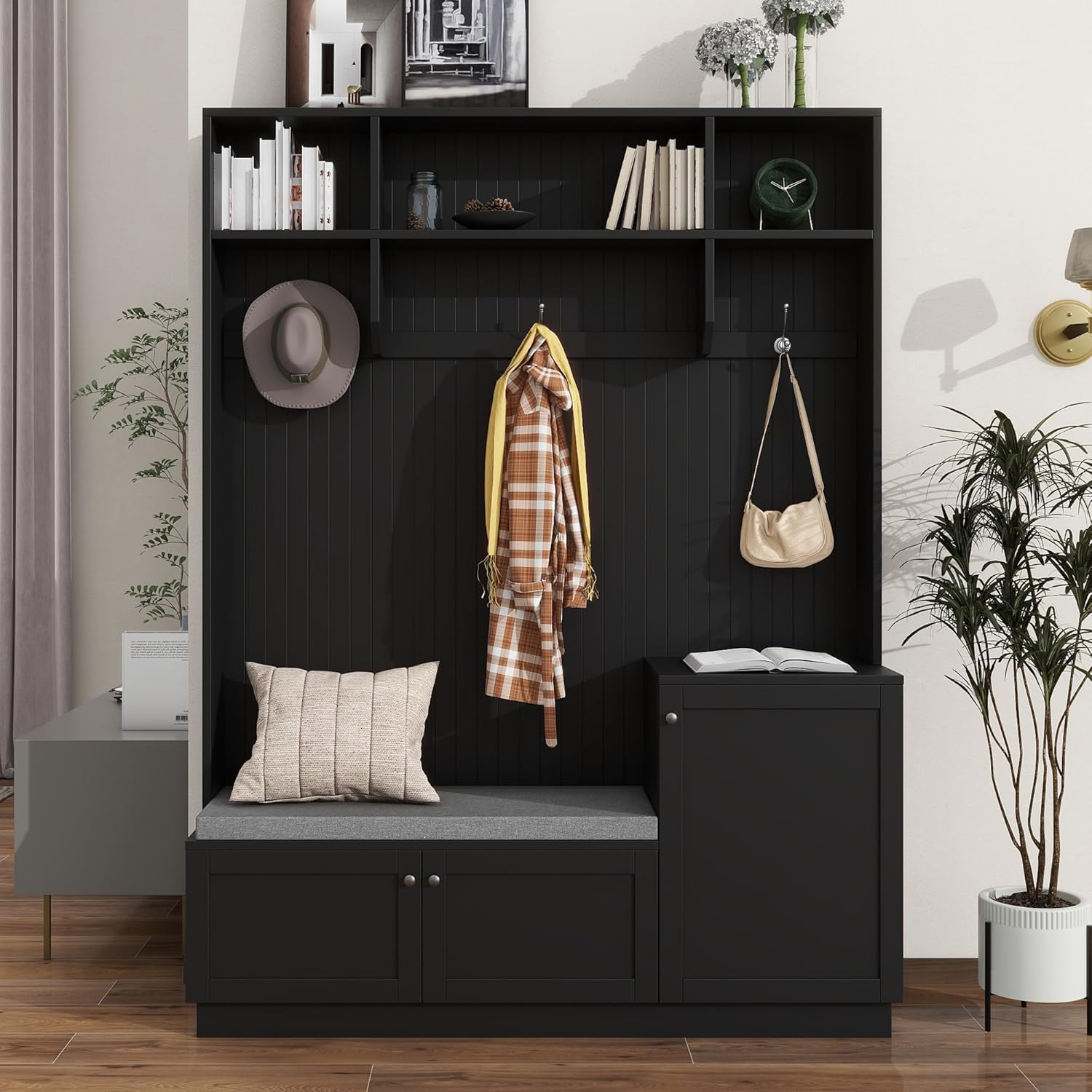 Entryway Hall Tree with Bench&cushion and Shoe Storage, Modern Elegant Design Shoe Cabinet Coat Rack with 3 Hooks for Hallway, Living Room, Black