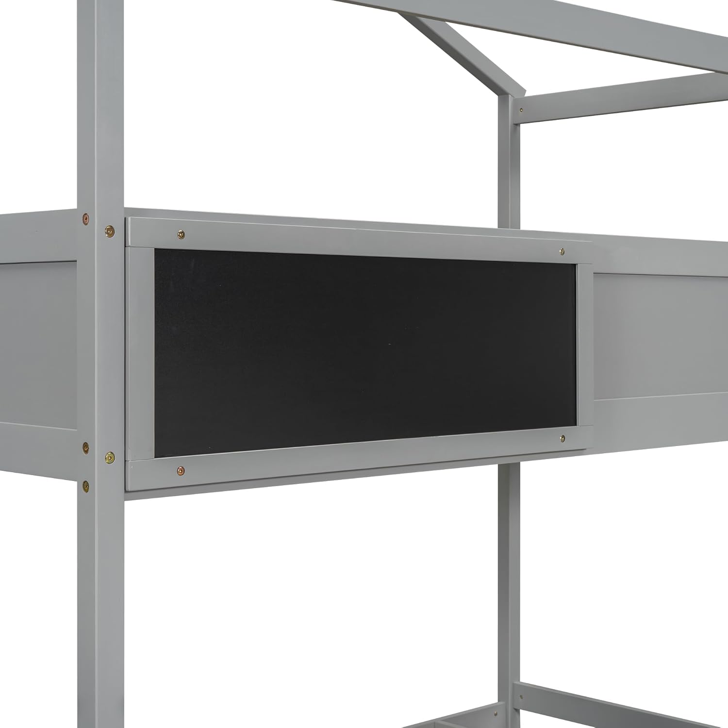 L-Shaped Twin Over Full House Bunk Bed with Storage Stairs and Blackboard, Wood Playhouse Bunk Beds with Roof and Guardrails for Kids Boys Girls Teens, Gray