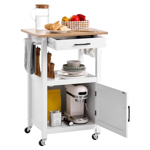 VEVOR Kitchen Island Cart with Solid Wood Top, 35.4" Width Mobile Carts with Storage Cabinet, Rolling Kitchen Table with Spice Rack, Towel Rack, and Drawer, Portable Islands on Wheels, White