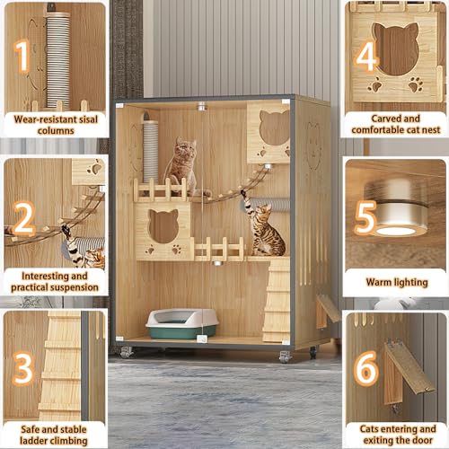 HUATOL Wooden Large Indoor Cat Enclosure, Indoor/Outdoor Cat Cage Large Space with Wheels, Multi-Feature Enclosed Cat Condo for Indoor Cats Ventilation Glass Doors, 50" X 36" X 24"