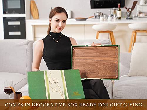 AZRHOM Extra Large Thick Walnut Wood End Grain Cutting Board 24x18x2 In, Wooden Butcher Block, Chopping Board For Kitchen with Juice Groove Handles Non-Slip Pats (Gift Box)