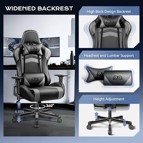 Black Gaming Chair, Ergonomic Computer Chair, Height Adjustable Game Chair, Racing Style Gamer Chair with Headrest and Lumbar Support (Blackgray)