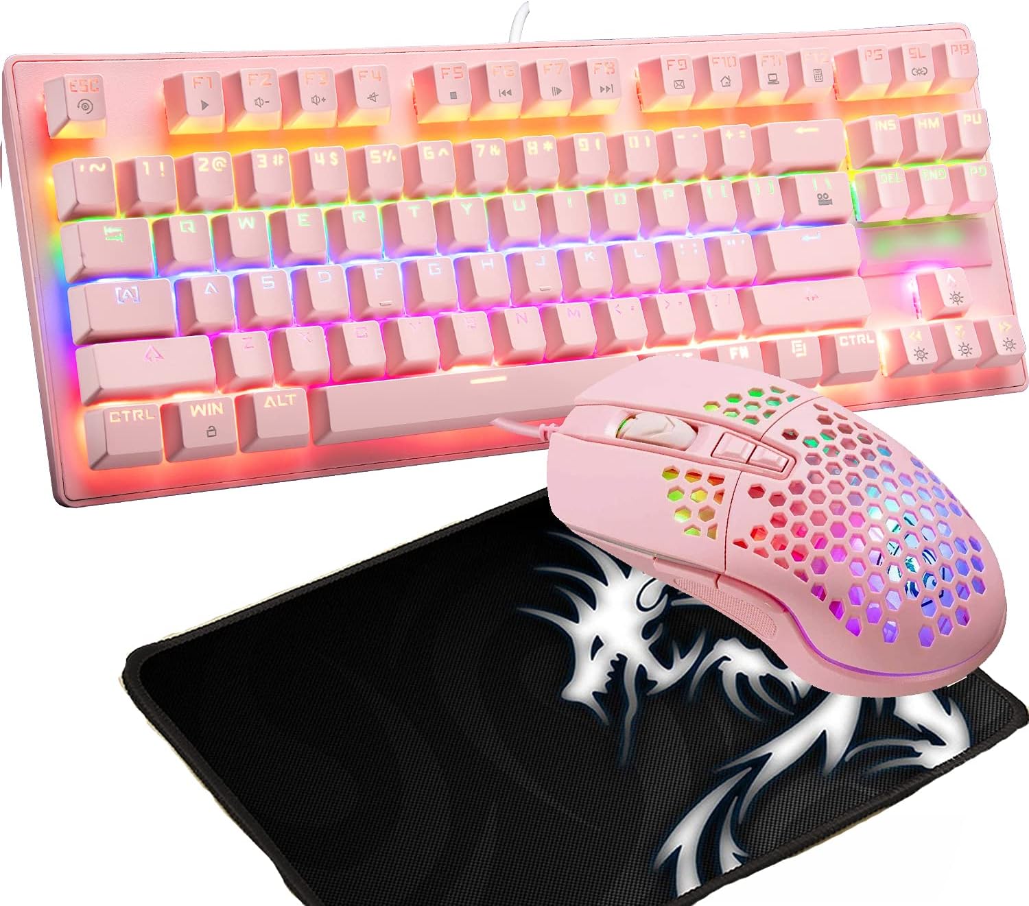 Mechanical Keyboard ,Wired Rainbow LED Backlit 87 Key Waterproof Gaming Keyboard + Gaming Mouse 6400 DPI RGB Mouse and Mousr pad for PC PS4(Black) Pack of 2