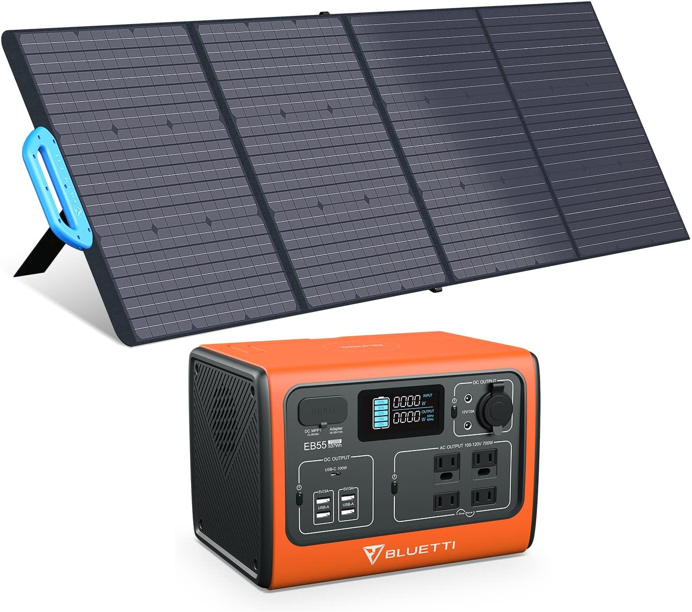 BLUETTI Solar Generator, EB55 Portable Power Station 537Wh/700W (Peak 1400W) with PV200 200W Solar Panel Included, LiFePo4 Battery Pack with 4 AC Outlets for Outdoor Camping Off-grid, Emergency