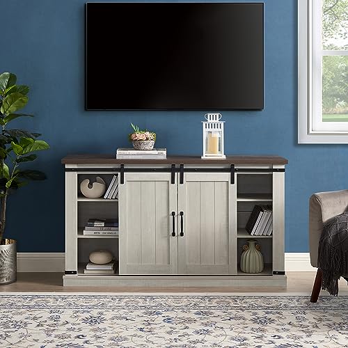 Farmhouse TV Stand with Sliding Barn Doors, Wood Entertainment Center with Media Console Storage Cabinet & Open Storage Space, for TV Up to 60", Television Stand for Living Room, Light Gray