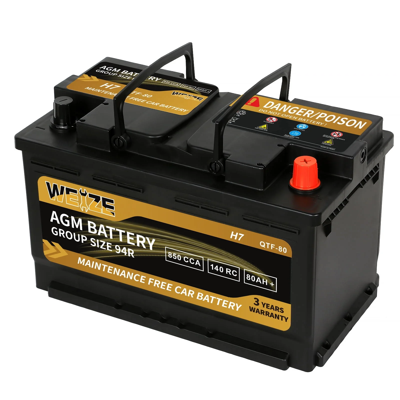 Weize Platinum AGM Automotive Battery,  Group 94R H7 Battery- 12v 80ah 140RC 850CCA, 36 Months Warranty