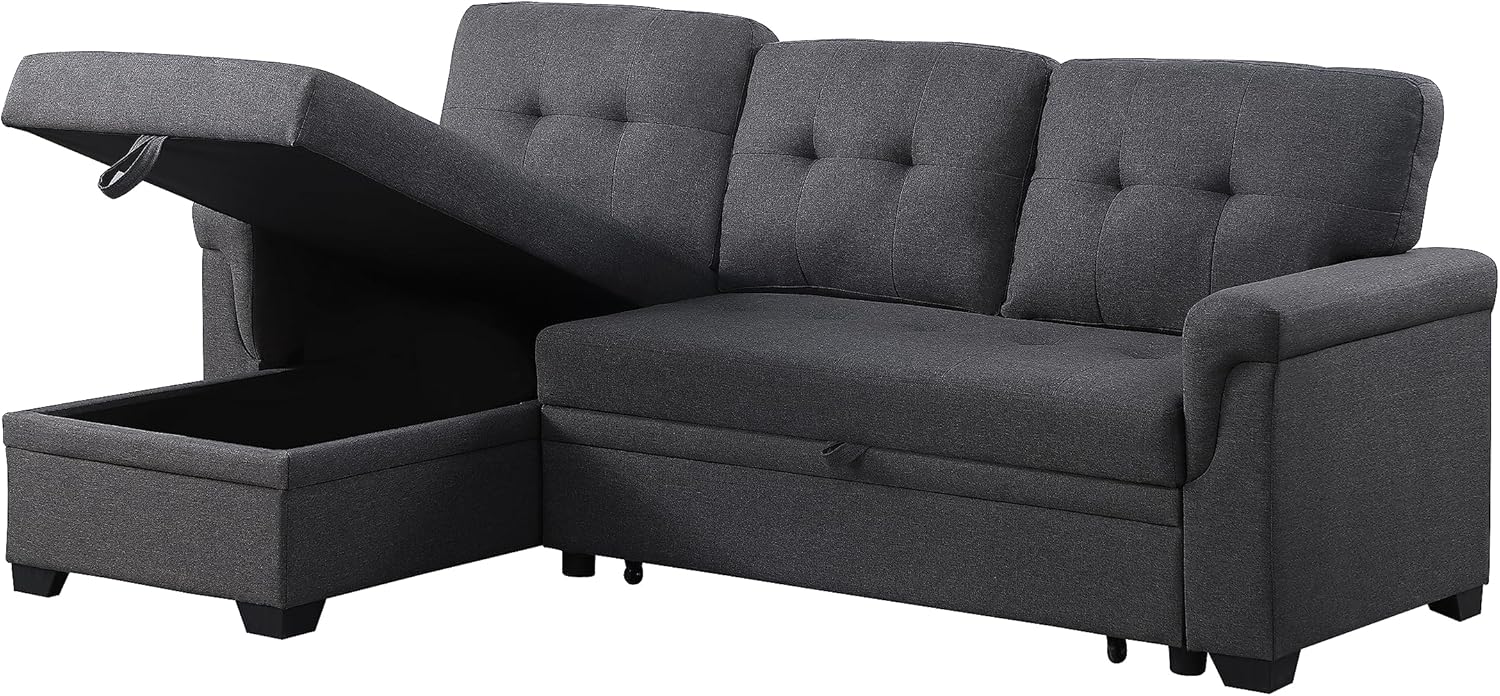 84'' Living Room L-Shape Convertible Sleeper Sectional Sofa with Storage Chaise and Pull-Out Bed, Linen Upholstered Reversible Corner 3 Person Couch, for Apartment, Dark Gray, 84 Inch