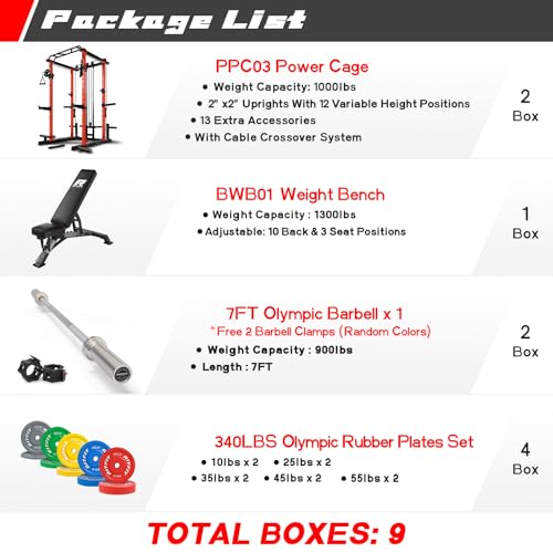 RitFit Multi-Function Squat Rack Power Cage PPC03 with Cable Crossover System, 1000LBS Capacity Power Rack and Packages with Optional Weight Bench, Barbell Weight Set, for Garage Workout & Home Gym