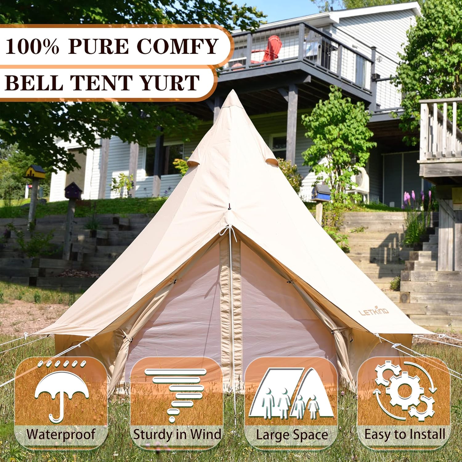 Canvas Tent with Stove Jack, 4 Season Waterproof Camping Tent 4/6 Person Luxury Outdoor Glamping Yurt for Camping, Cotton Bell Tent for Winter Camping for Hunting Party