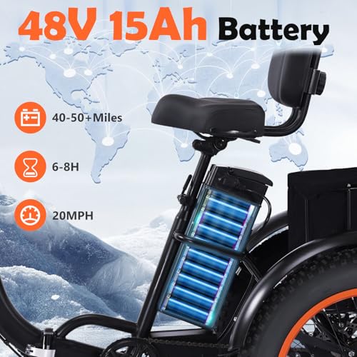 Electric Tricycle for Adults, Peak 750W/500W, Electric Trike, 20"x4.0" Folding Fat Tire 3 Wheel Electric Trike, Max 20MPH,with Large Basket and 48V 15/13 Ah Removable Battery