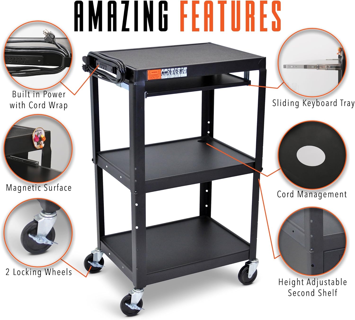 Line Leader Large AV Cart with Retractable Keyboard Tray | Height Adjustable Utility Cart | Includes Pullout Keyboard Tray & Cord Management | Easy Assembly (34in x 18in x 42in / Black)