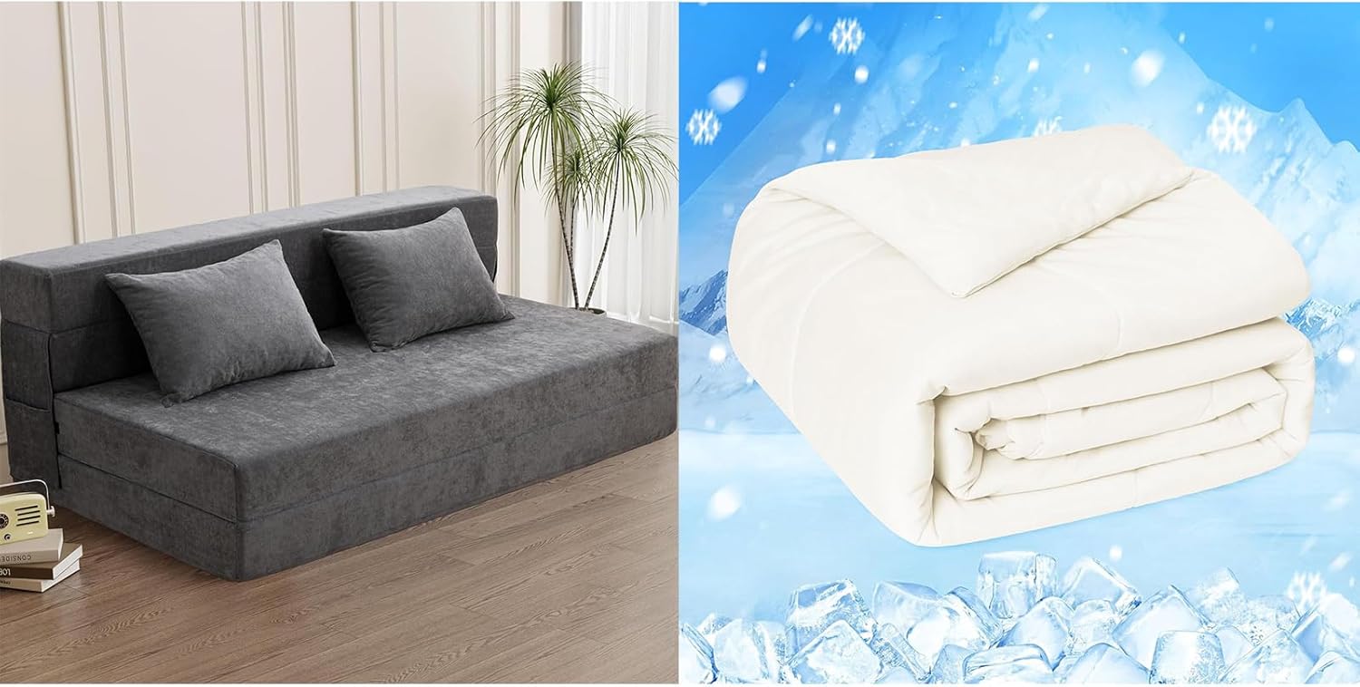 HOMFINE Folding Sofa Bed - Convertible Sleeper Chair with Pillow, Fold Out Couch, Memory Foam Floor Mattress, Futon Couch, Lazy Sofa for Living Room/Dorm/Guest Room/Home Office, Queen, Grey