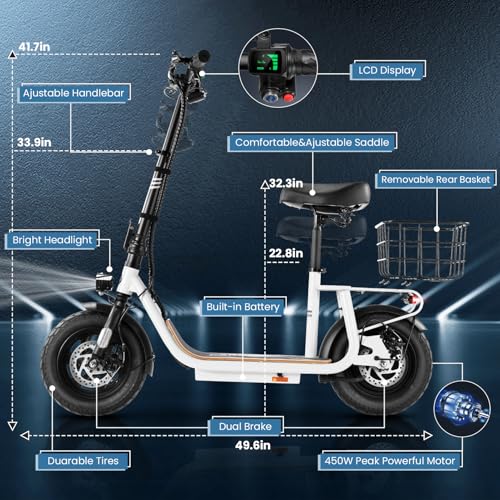 Caroma Peak 800W/1200W Electric Scooter Adults, 30 Miles Max Range, Foldable Electric Scooter with Seat, Front Suspension, Detachable Large Basket,Commuter E-Scooter for Adult and Teens