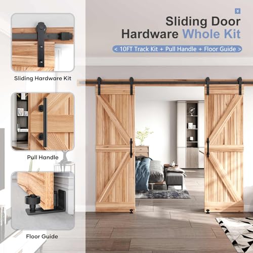 EaseLife 12 FT Double Sliding Barn Door Track and Handle Hardware Kit,Straight Pulley,Slide Smoothly Quietly,Easy Install (12FT Track Kit for 33"~36" Wide Double Door)