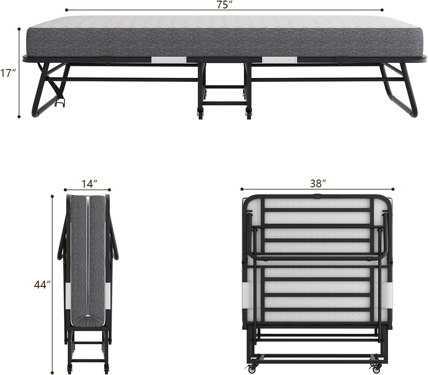 75x38 Twin Size Bed Frame - Portable Foldable Roll Away Adult Bed for Guest with Twin Memory Foam, Space Saving Fold Up Bed for Easy Storage