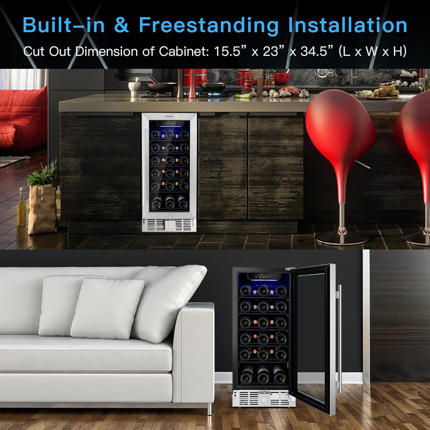 COSTWAY 15 Inch Wine Cooler Refrigerator, 30 Bottles Stainless Steel Wine Cellar with Lock, Tempered Glass Door, Built-in & Freestanding Compressor Mini Wine Fridge for Home Bar Office
