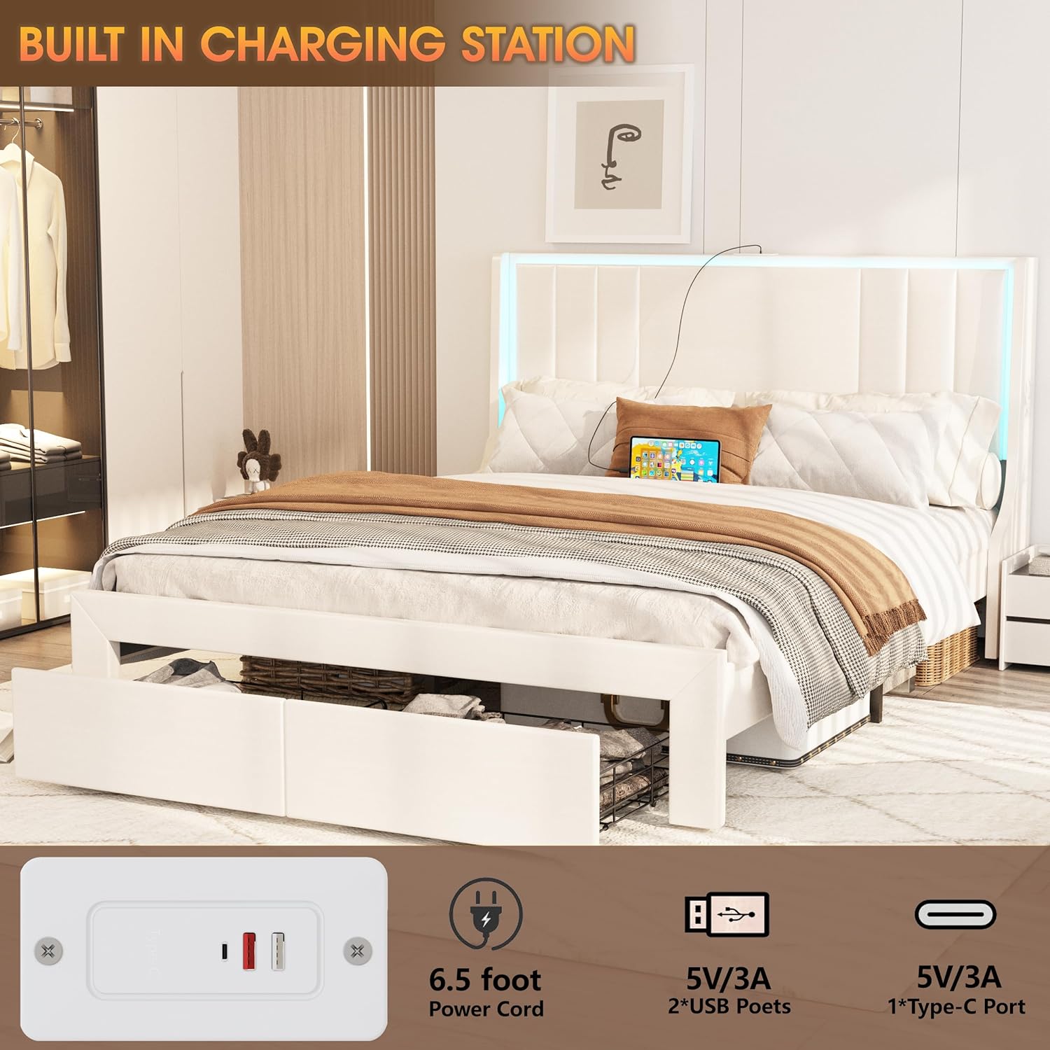 Vabches Queen Size Bed Frame with LED Light and 2 Hidden Storage Drawers with Leather Upholstered Headboard and Charging Station, Supported by Wooden Slats, Noise-Free, No Springs Needed, White