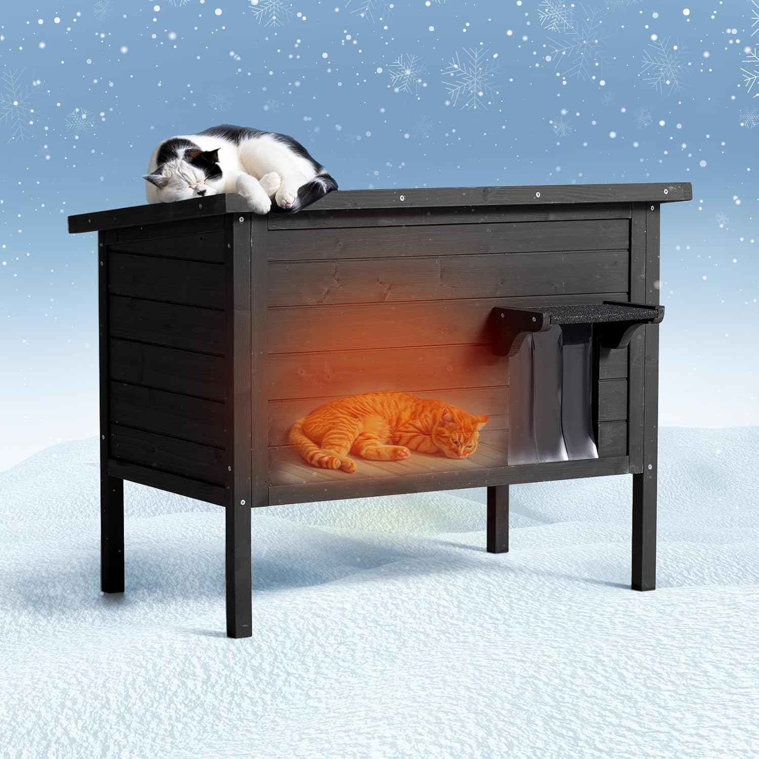 Outdoor Cat House Weatherproof,Feral Cat House Enclosures with Insulated All-Round Foam Wooden Cat Condos for Winter Outside, PVC Door Flaps