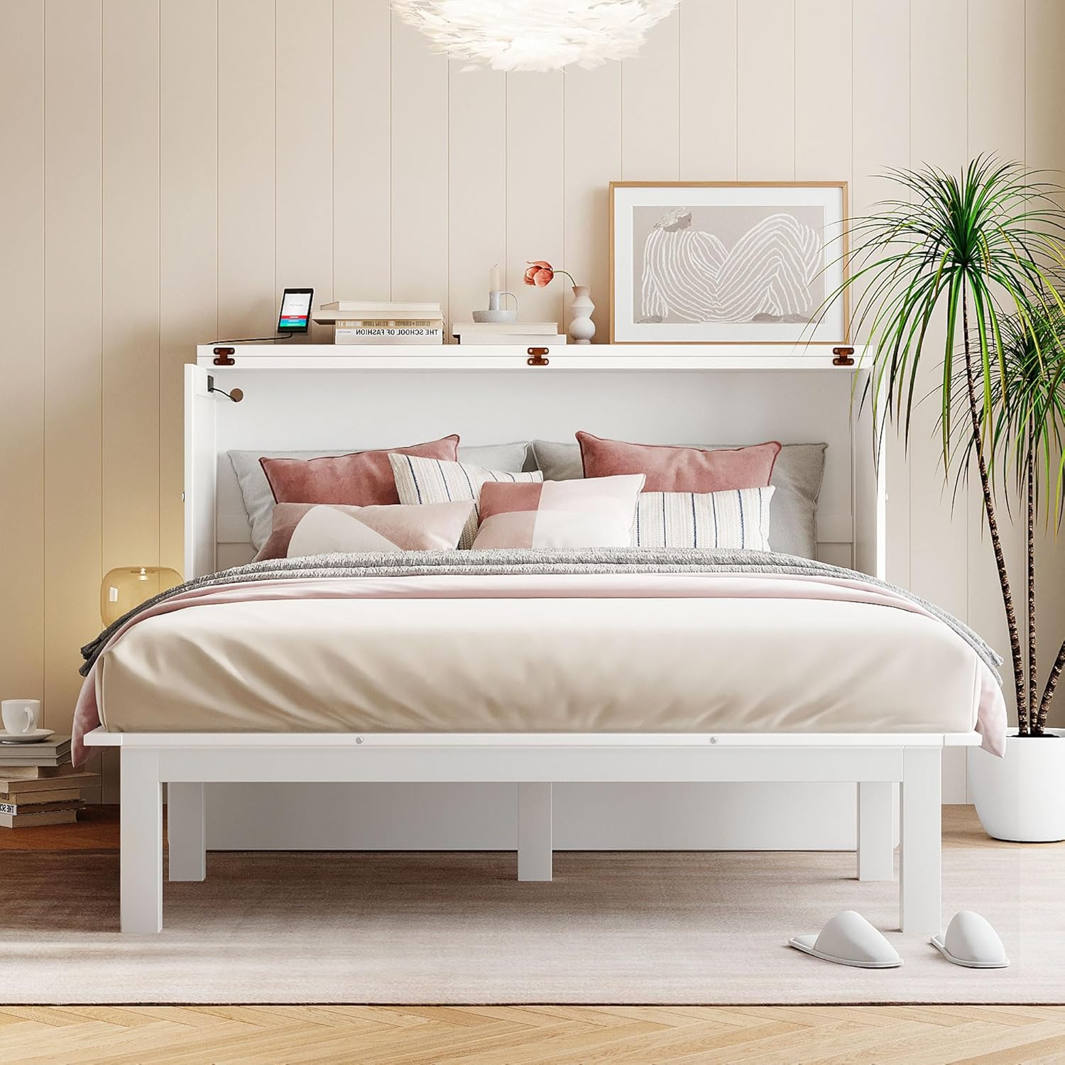 Queen Size Murphy Bed with USB Port & Removable Shelves for Bedroom, Living Room, Foldable Canbinet Bedframe w/Wooden Slat Support, No Spring Box Needed, White