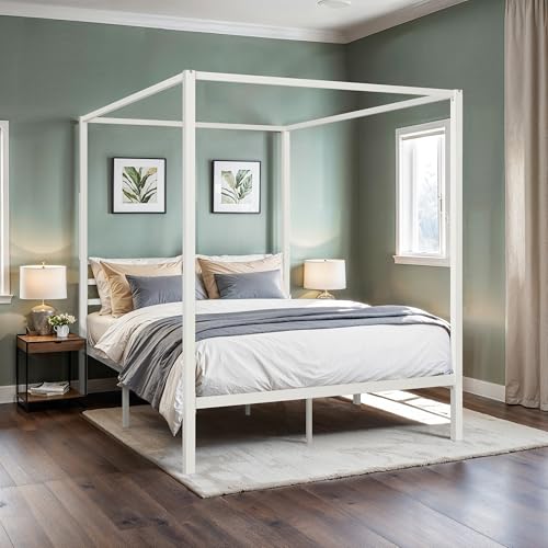 HOOMIC Canopy Bed Frame, Enhanced 4-Poster, 3-Metal Crossbar, No Box Spring Needed, Easy Assembly, Full Size, White