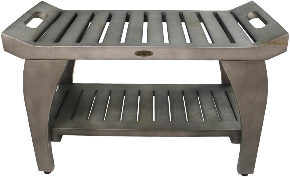 Coastal Vogue Tranquility 30" Teak Wood Shower Bench with Shelf and LiftAide Arms in Gray Finish