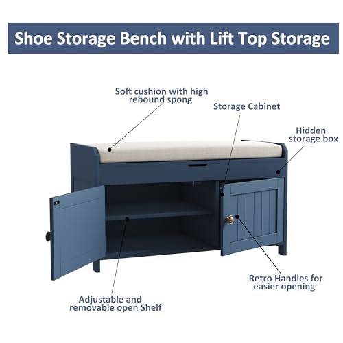 HOMEFORT Shoe Storage Bench with Lift Top Storage, Entryway Bench with Cushioned Seat,Wood Shoe Cabinet Bench,Bench for Bedroom End of Bed,Entry Hidden Shoe Bench for Mudroom,Hallway (Blue)