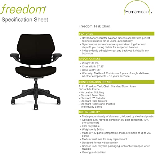 Humanscale Freedom Office Chair - Ergonomic Work Chair with Standard Height Adjustable Duron Arms - Wheels for Carpet - Graphite Frame with Crocus Lotus Fabric