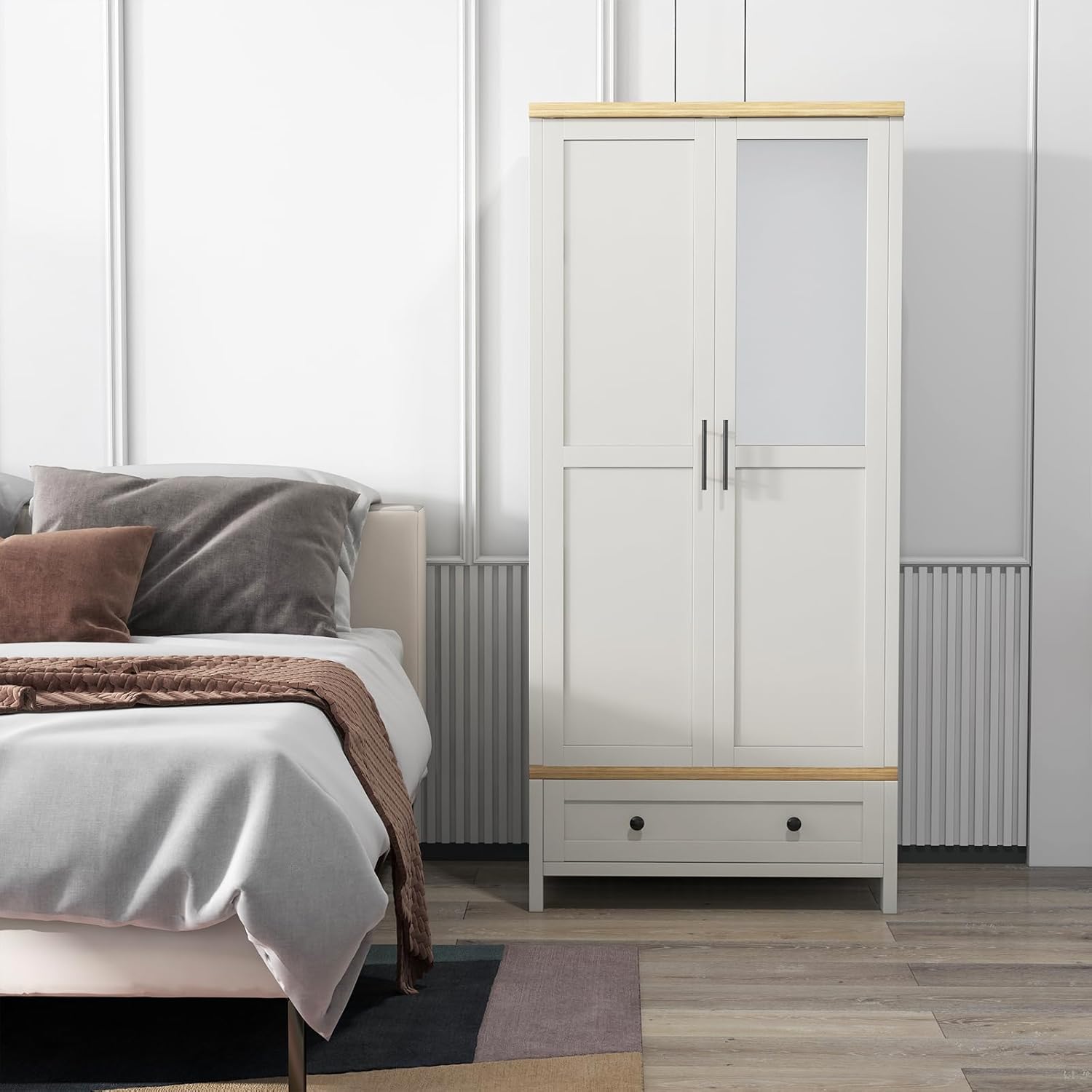 YIGOBUY Armoire Wardrobe Closet with Doors Bedroom Wooden Closet Cabinet with Drawers,Mirror, Shelves, Hanging, Tall Wood Standing Clothes Organizer for Hanging Clothes Armario de Almacenamiento