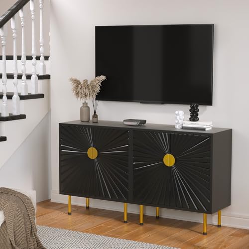 White Accent Storage Cabinet with Gold Handle Set 2- Decorative Flower Pattern Doors - Versatile Buffet Cabinet with Storage - Elegant Sideboard Cabinet - Perfect Credenza for Any Room