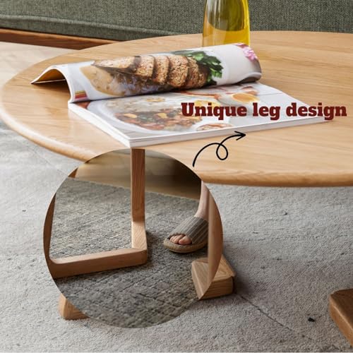 100% Solid Oak Wood Round Coffee Table，Natural Wood Coffee Tables for Living Room, Log Color Low Modern Coffee Table (H:11.8inch)