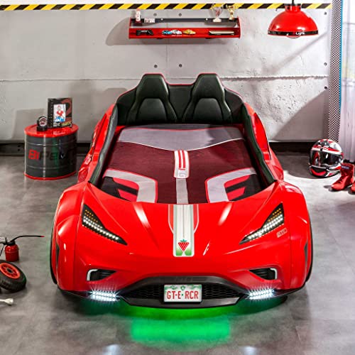 GTS EV Twin Race Car Bed, Remote Control, LED Lights, EV Sound FX, Vegan Leather Interior, License Plate, White