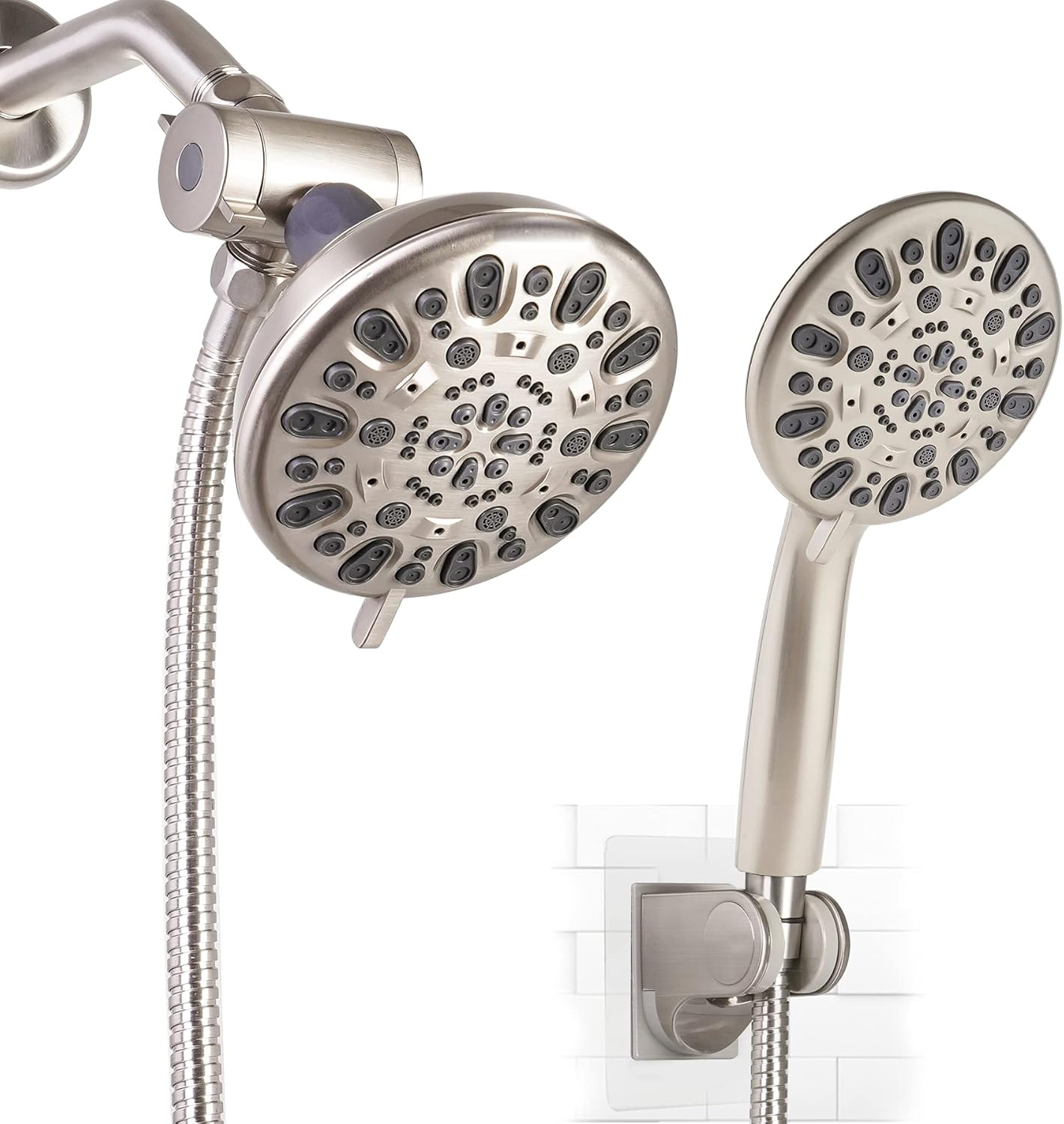 High Pressure Shower Head Rainfall Combo with Handheld Shower Head, 5-inch Face 7-spray , 3-way Water Diverter, Adhesive Shower Head Holder, 7-setting Hand held Shower Heads with Hose Brushed Nickel Pack of 2