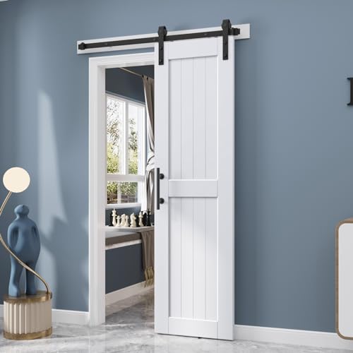 EaseLife 54 x 84 inch White Barn Door with 9FT Sliding Door Hardware Kit Included & Handle,Solid Wood Covered with Waterproof PVC Surface,DIY Assemblely,Easy Install,H-Frame,Fit 50-52in Wide Opening