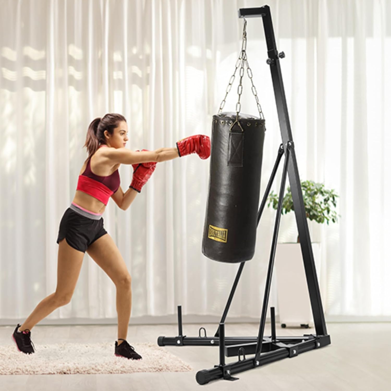 Height Adjustable Punching Bag Stand, Heavy Duty Boxing Bag Stand, Heavy Bag Stand Steel Sandbag Rack Independent to 150 lbs for Home Gym Fitness (Only Stand)