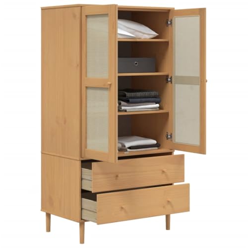 Wardrobe Rattan Look Brown 35.4"x21.7"x68.9" Solid Wood Pine,Pine Wood Wardrobe with Ample Storage and Rattan Look for Boho Decor Armoires & Wardrobes for Bedroom