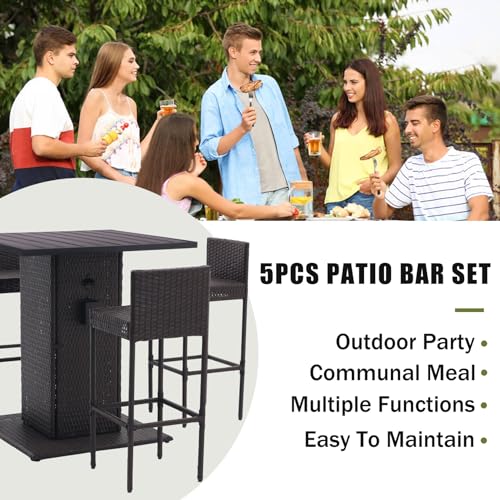 Patio Bar Set 5-Piece Outdoor Wicker Bar Set, Wicker Bar Table with Built-in Bottle Opener, Hidden Storage Shelf and 4 Stools for Outside Backyards Porches Gardens Poolside (Grey)