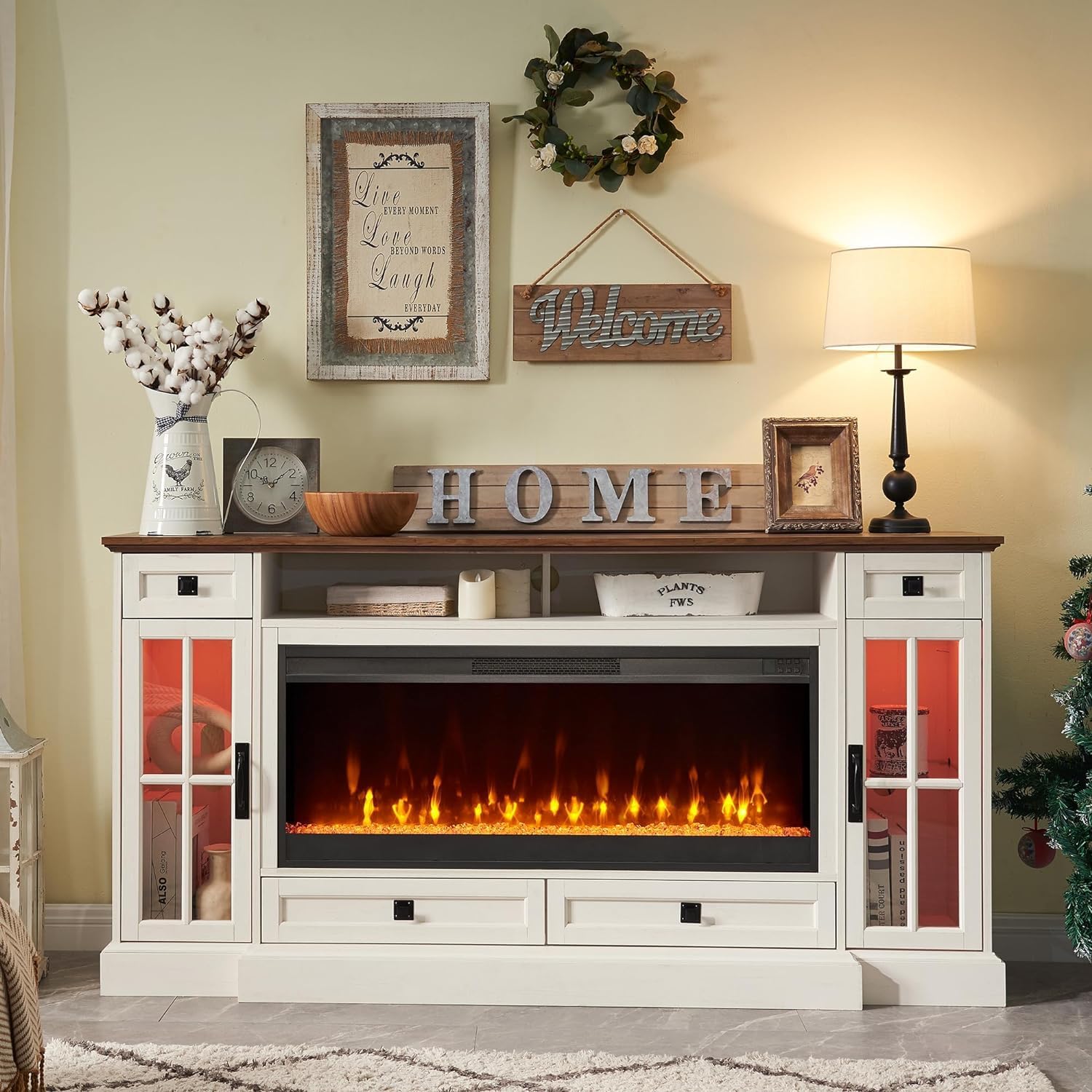 Fireplace TV Stand for 80 Inch TV, Farmhouse Entertainment Center with 42" Fireplace & LED Lights, Modern Media Console Table with Storage Drawers & Cabinets for Living Room, Antique White
