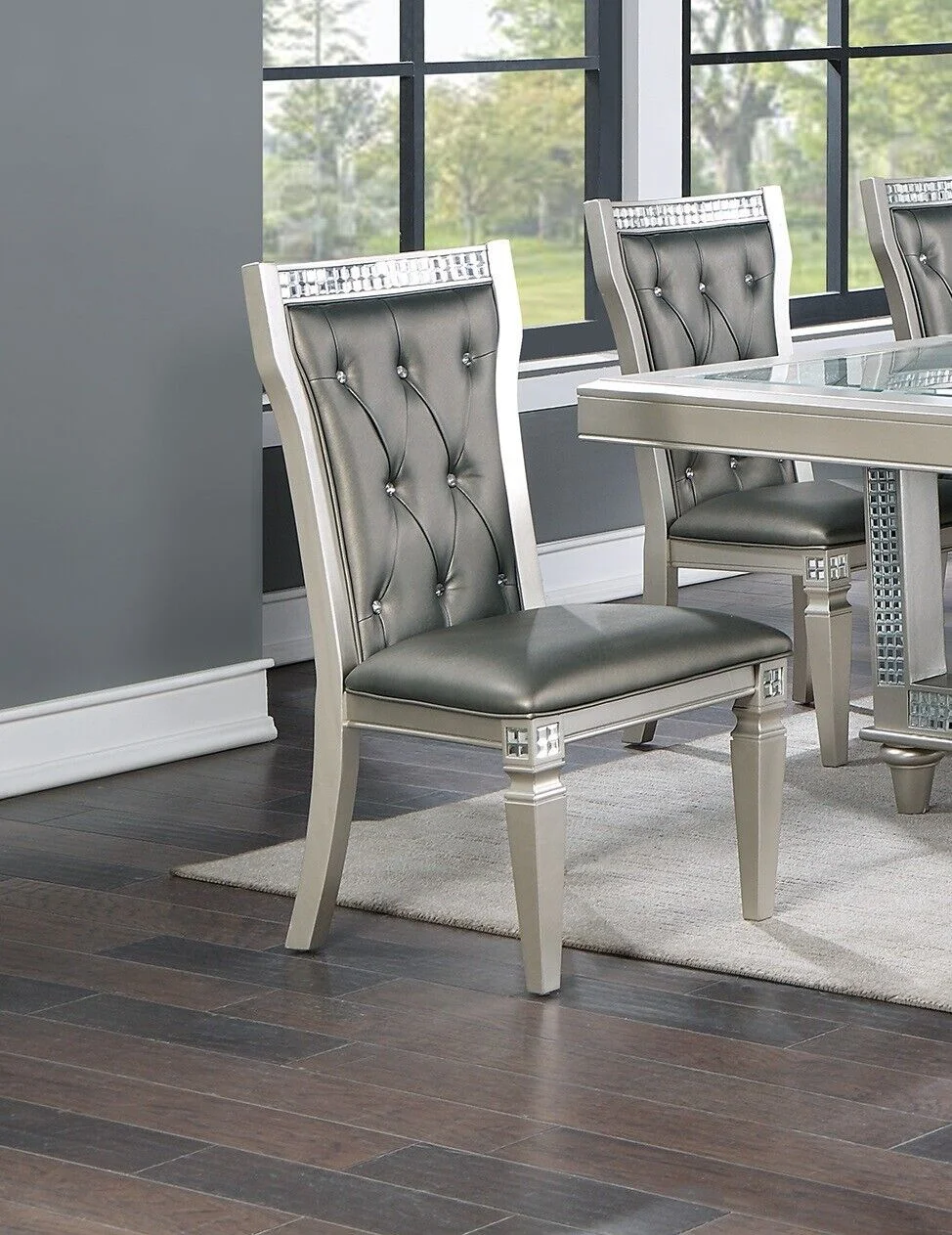 Esofastore Silver Hues Grey Finish 7pc Set Table w Glass Insert Top 6x Side Chairs Dining Room