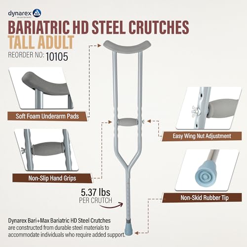 Dynarex Bariatric HD Steel Tall Adult Crutches - 5'10” to 6'6” - Extra Heavy Duty Bariatric Crutches with Underarm Pads, Adjustable Hand Grips - 1000 lb. Capacity, 1 Pair