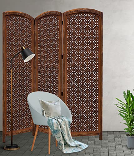 Room Divider Wood Screen - Ghanti Bells Antique Brown - 4 Panel Folding 72 x 80 - Assembled Hand Carved Decorative Functional Versatile Portable Partition Reversible Privacy Boho - COTTON CRAFT