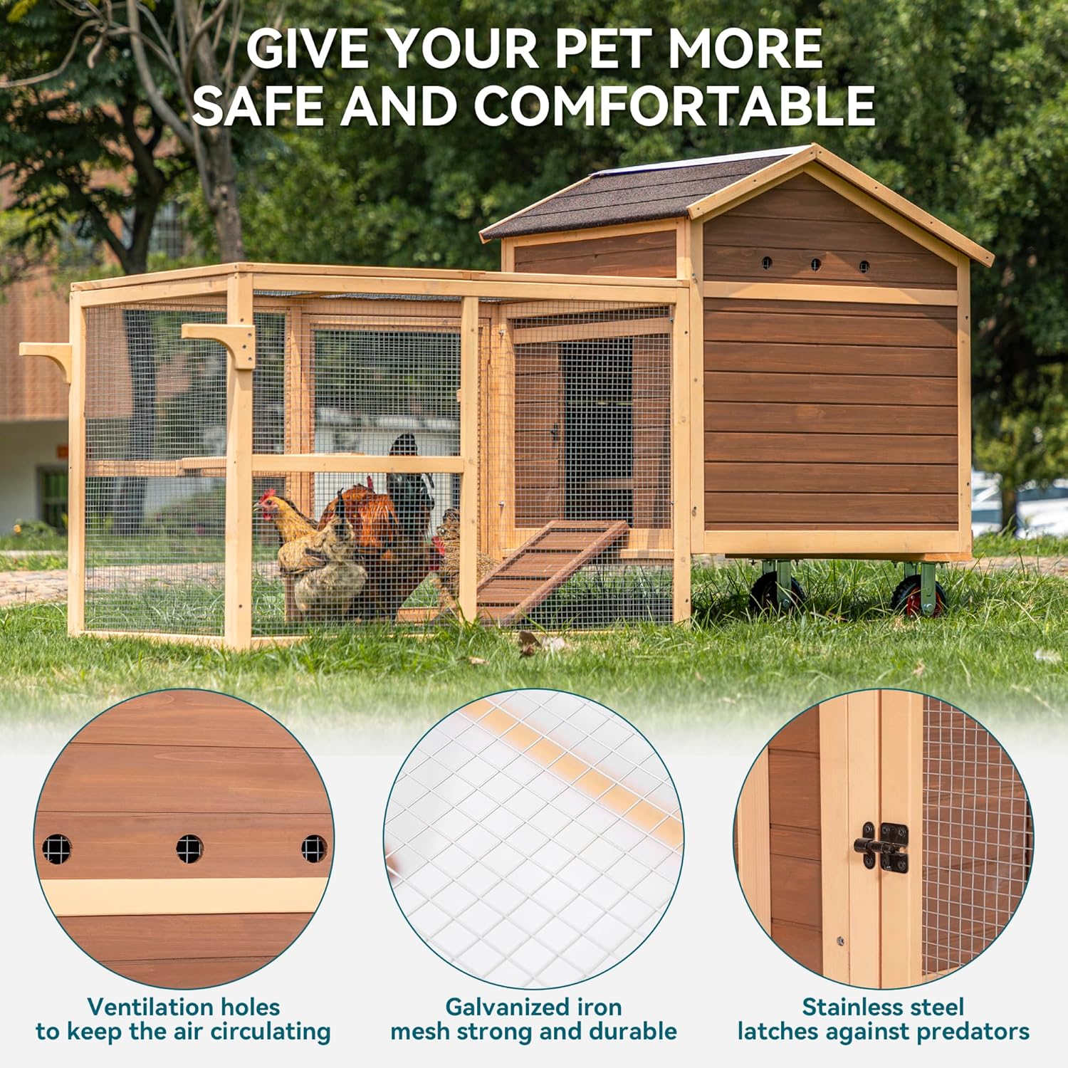 PETSFIT Large Chicken Coop Tractor 81" Hen House Suitable for 4-8 Chickens, Outdoor Waterproof Poultry Cage with Nesting Box/Wheels-5 Access Areas & Pull Out Tray for Easy Cleaning